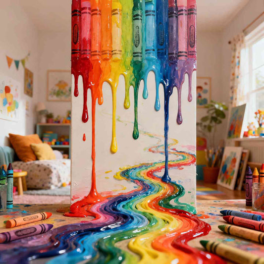 Värikynien kirkkaat virtaukset muodostavat sateenkaaren värisiä värejä ja muotoja.
 Kritfärgers klara flöden skapar regnbågsfärgade mönster och former.
Bright flows of crayon colors creating rainbow-colored patterns and shapes.