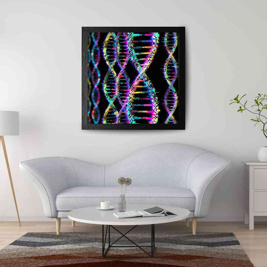 Digitaalinen DNA-muutos, jossa geneettiset kierukat muuntuvat pikselöidyiksi koodiriveiksi.
 Digital DNA-mutation där genetiska spiraler omvandlas till pixeliserade kodrader.
Digital DNA mutation with genetic spirals transforming into pixelated code strings.