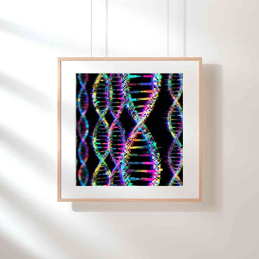 Glitchoitunut DNA-rakenne, joka kuvastaa teknologian ja biologian fuusiota futuristisessa taiteessa.
Glitchad DNA-struktur som speglar fusionen mellan teknologi och biologi i futuristisk konst.
Glitched DNA structure reflecting fusion of technology and biology in futuristic art.