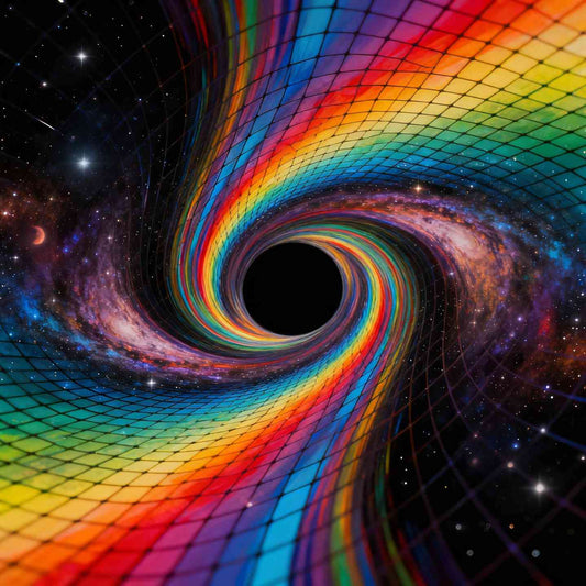 Sateenkaaren sävyiset muodot, jotka kuvastavat universumin gravitaatiovoimia.
Former i regnbågsnyanser som representerar universums gravitationskrafter.
Rainbow-hued shapes representing the gravitational forces of the universe.