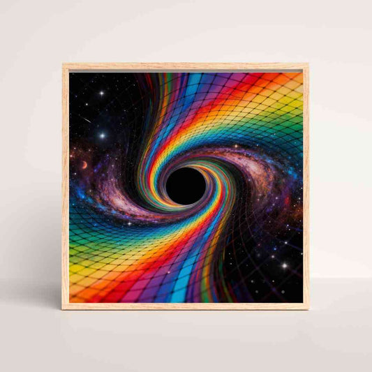 Abstrakti taideteos, jossa avaruuden kaareutuminen näkyy värikkäinä painovoimahäiriöinä.
Abstrakt konstverk där rymdens krökning syns som färgglada gravitationsstörningar.
Abstract artwork depicting space curvature as colorful gravitational distortions.