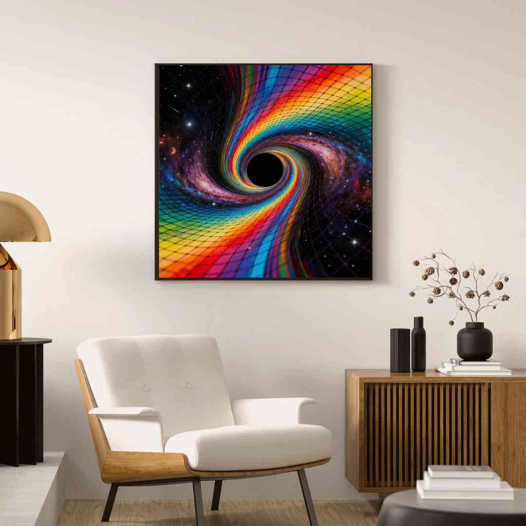 Digitaalinen teos esittää painovoiman aiheuttamia tilan vääristymiä holografisessa maisemassa.
Digitalt konstverk visar gravitationens rumförvrängningar i ett holografiskt landskap.
Digital artwork shows gravitational spatial warps in a holographic landscape.
