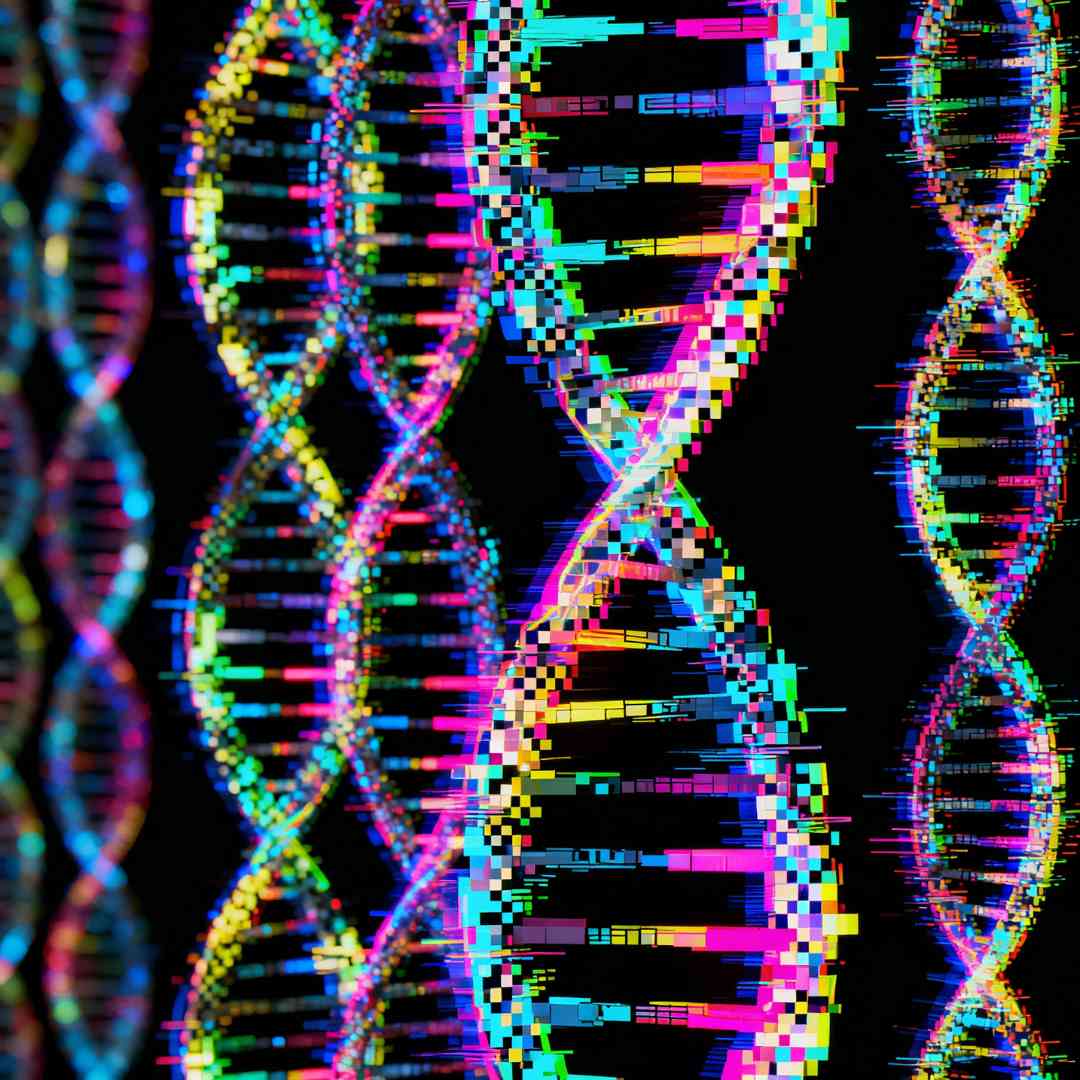 Kybergeneettinen taideteos, jossa neonväriset DNA-juosteet sulautuvat digitaaliseen maailmaan.
Cybergenetiskt konstverk med neonfärgade DNA-strängar som smälter samman med den digitala världen.
Cyber-genetic artwork with neon-colored DNA strands merging into the digital world.
3.
