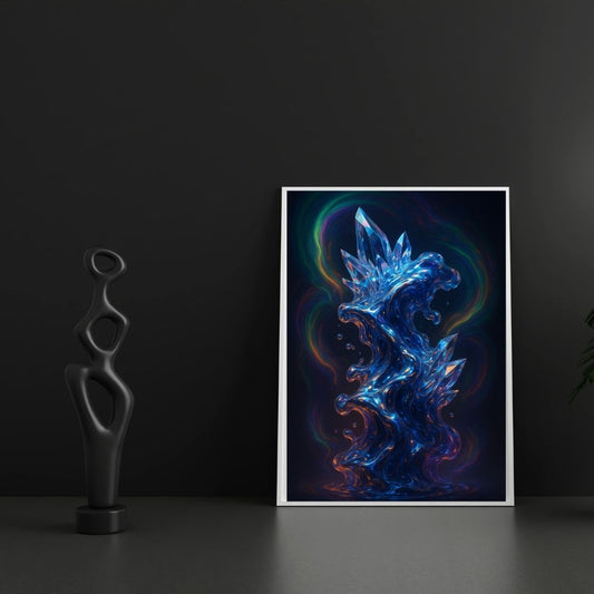 Abstrakti sininen nykytaide taideteos olohuoneessa, blue abstract art in living room, blå abstrakt tavla i vardagsrummet