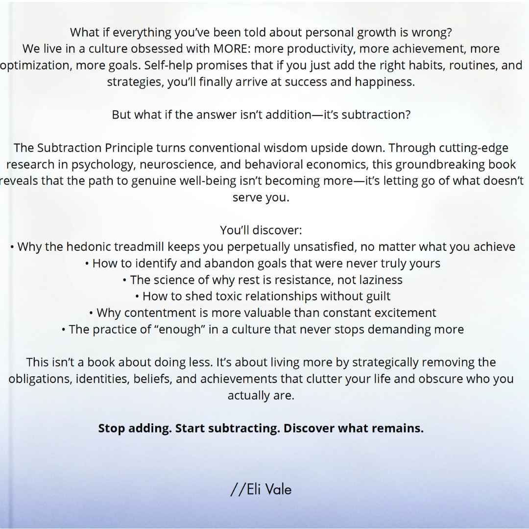 Minimalist book cover for The Subtraction Principle by Eli Vale. The title and subtitle appear in clean typography on a deep blue-to-white gradient background with a single minus sign at the center, symbolizing simplicity and reduction