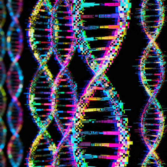 Kybergeneettinen taideteos, jossa neonväriset DNA-juosteet sulautuvat digitaaliseen maailmaan.
Cybergenetiskt konstverk med neonfärgade DNA-strängar som smälter samman med den digitala världen.
Cyber-genetic artwork with neon-colored DNA strands merging into the digital world.
	3.	