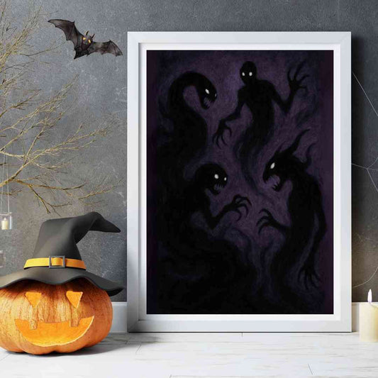 Muuntautuvat varjo-olennot, jotka leijailevat pimeässä ja hehkuvat tummissa sävyissä.
Förvandlande skuggvarelser som svävar i mörkret och lyser i mörka nyanser.
Shapeshifting shadow creatures floating in darkness and glowing in dark hues.