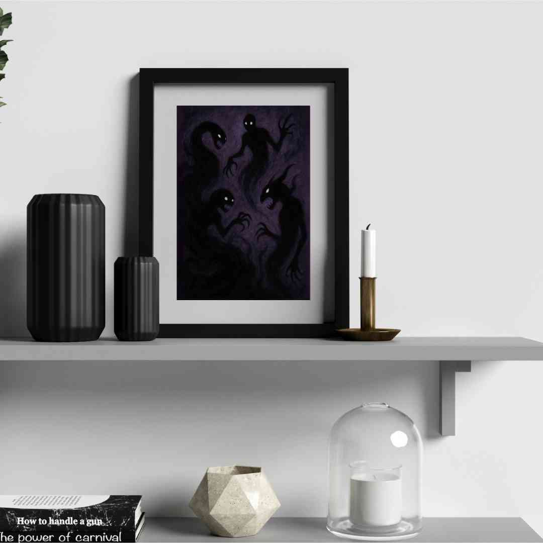 Abstrakti digitaalinen taideteos, jossa varjot muodostavat mystisiä eläviä hahmoja.
 Abstrakt digital konst där skuggor bildar mystiska levande figurer.
 Abstract digital art with shadows forming mystical living figures.