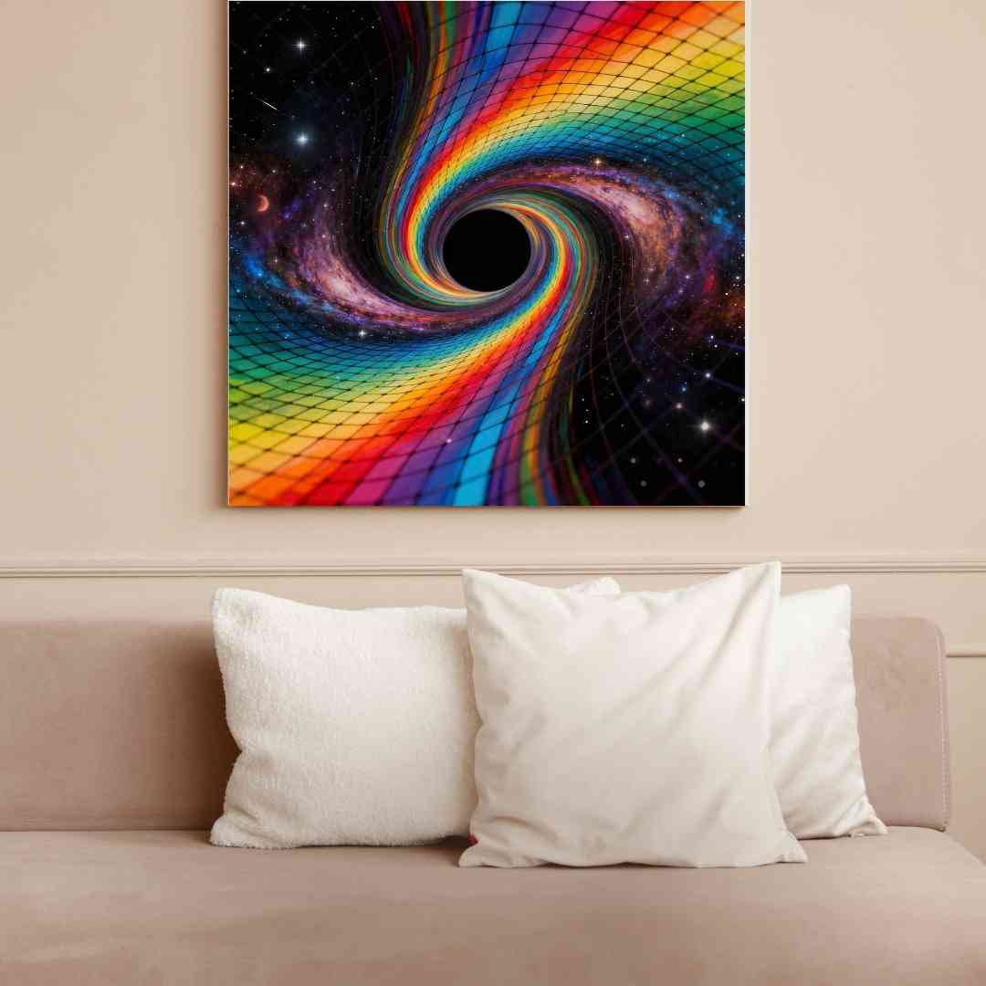 Kuvitus, jossa mustat aukot ja energian pyörteet vääristävät todellisuutta.
 Illustration där svarta hål och energivirvlar förvränger verkligheten.
 Illustration with black holes and energy vortices distorting reality.