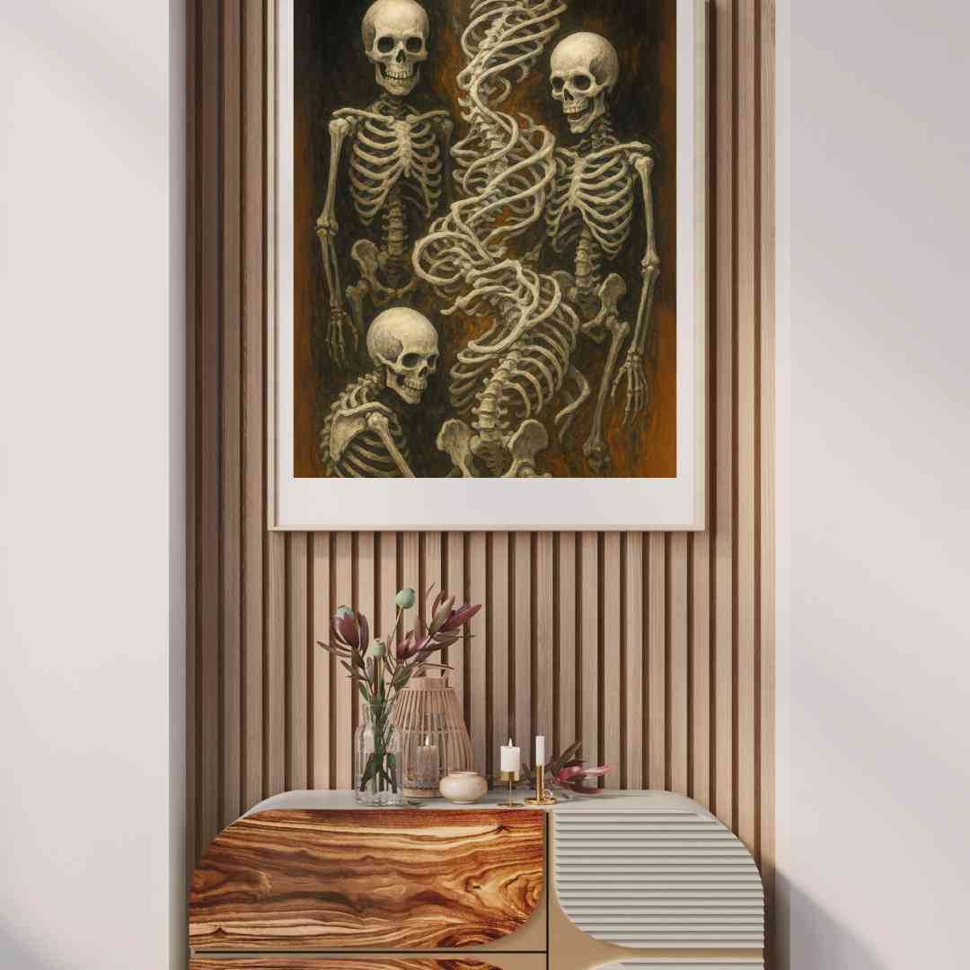 Abstrakti esitys luuston värähtelyistä ja niiden visuaalisesta ilmenemisestä.
Abstrakt skildring av skelettets vibrationer och deras visuella uttryck.
Abstract depiction of skeletal vibrations and their visual manifestation.