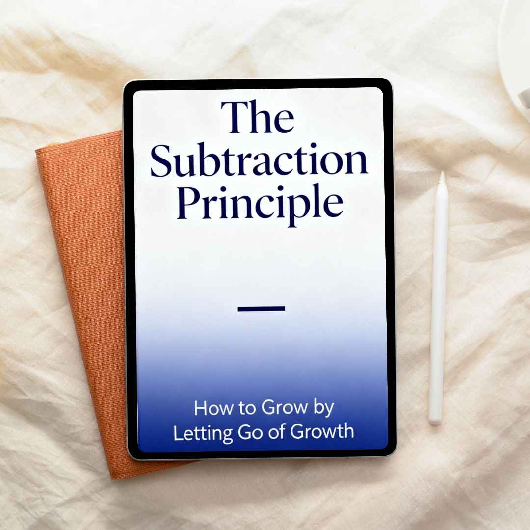 Cover of The Subtraction Principle by Eli Vale. Minimalist design featuring a soft blue‑to‑white gradient background with a subtle minus symbol at the center, representing the theme of growth through letting go