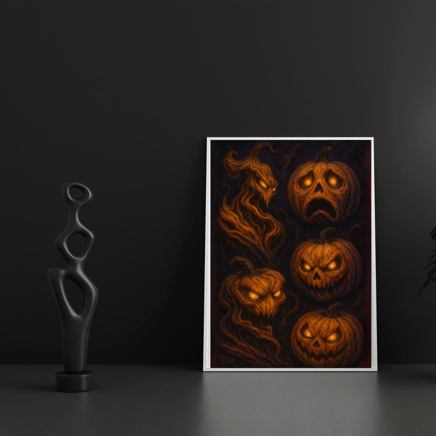 kummitus kurpitsat olohuoneen lattialla, ghost pumpkins on the floor in the living room, spökliga pumpor på golvet i vardagsrummet