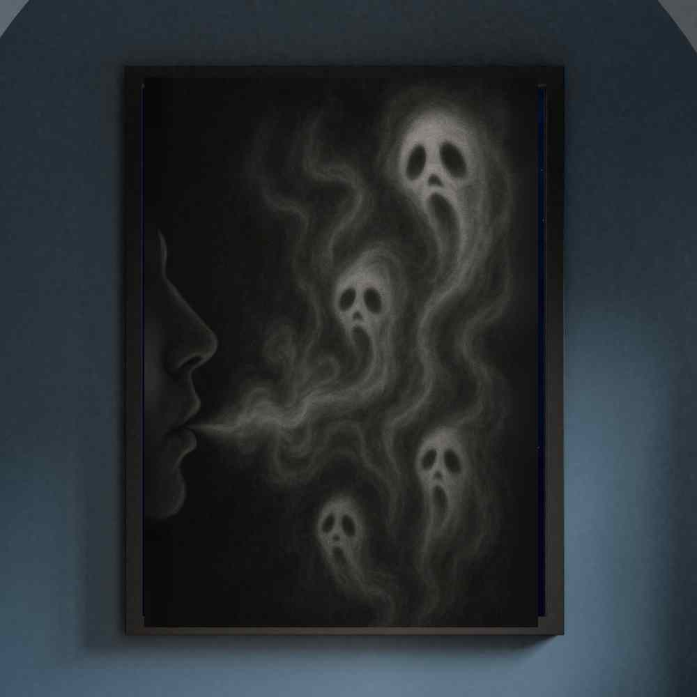 Man blowing ghost smokes, man blåser rök spöken, mies puhaltaa savu kummituksia