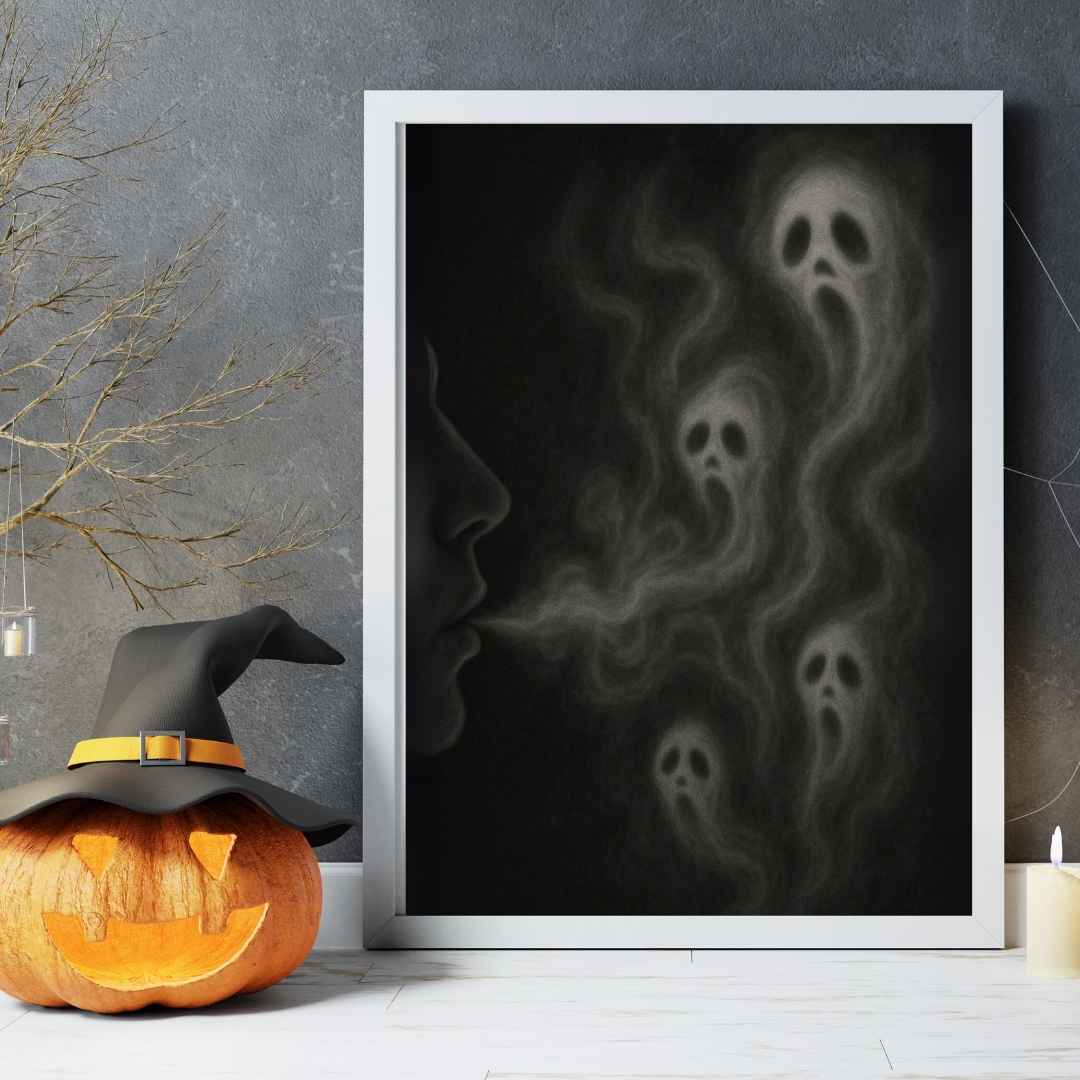 pumpa brevid tavla med spöken, pupkin next to wall art, kurpitsa seinätaiteen vieressä