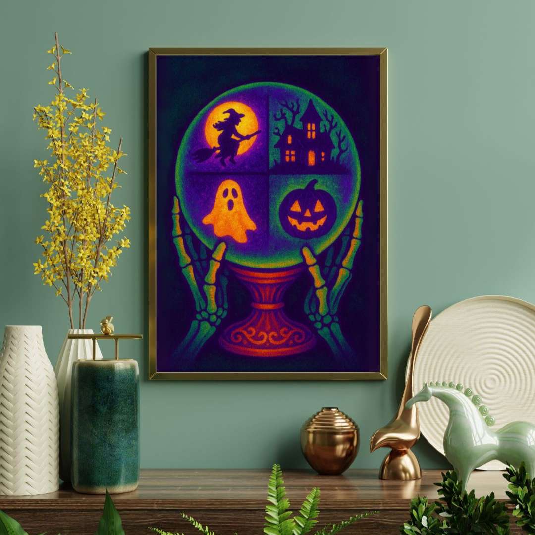 kristallkula med spöken och pumpor, fortune orb with ghosts and pumpkins, kristallipallo missä on haamuja ja kurpitsoja 