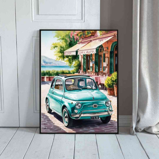 mintunvihreä fiat 500 kahvilan edessä, mint green fiat 500 in fron of cafe, mintgrön fiat 500 framför ett cafe